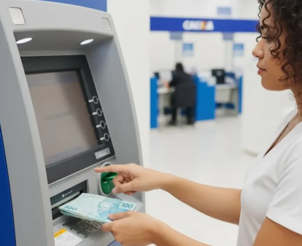 Mulher sacando dinheiro do terminal da Caixa Econômica em Lucas do Rio Verde - Imagem CenárioMT