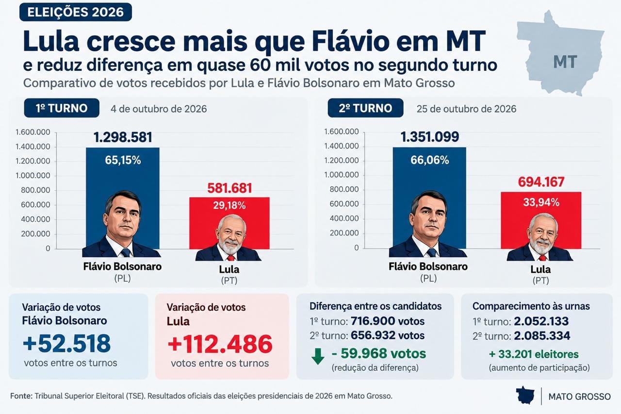 Lula cresce mais que Flávio em MT e reduz diferença em quase 60 mil votos no segundo turno